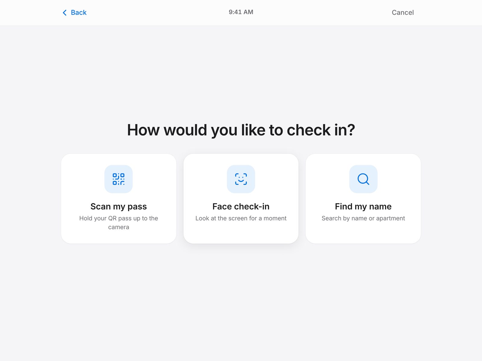 CoreFitness kiosk: choose QR pass, face or name to check in
