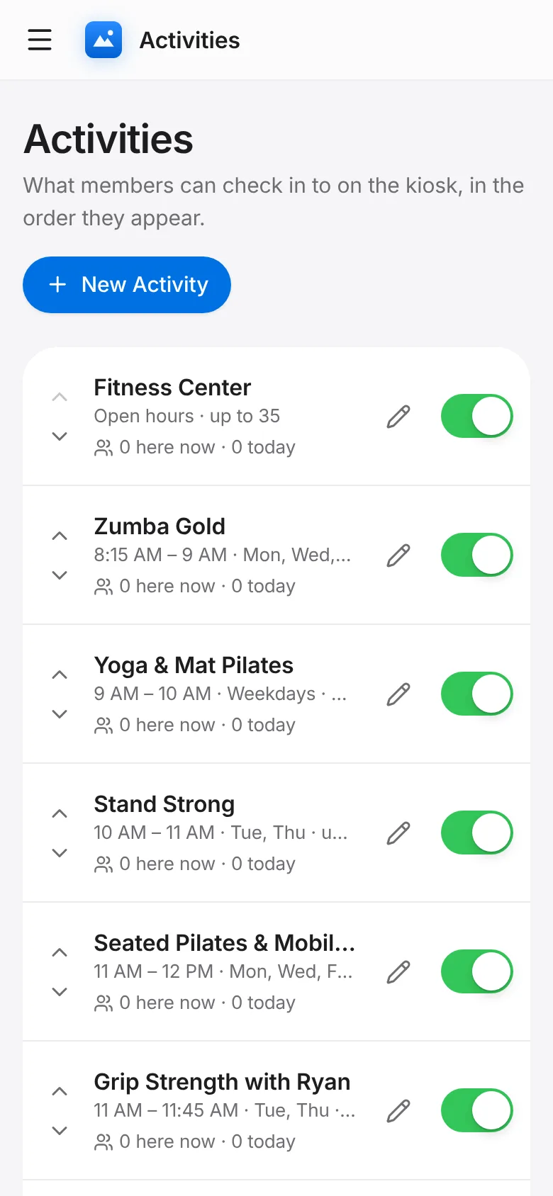CoreFitness: Activities: add the gym, classes and open-play activities members can check in to, in the order they should appear on the kiosk.