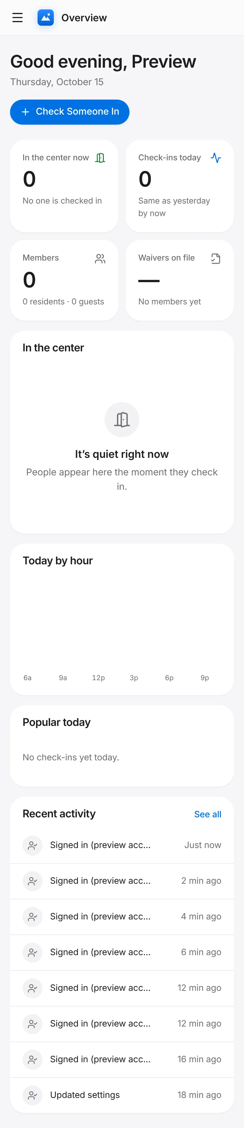CoreFitness: Below: check-ins by hour, the most popular activities and recent activity. Tap a number to jump to the matching list, for example members with no waiver.