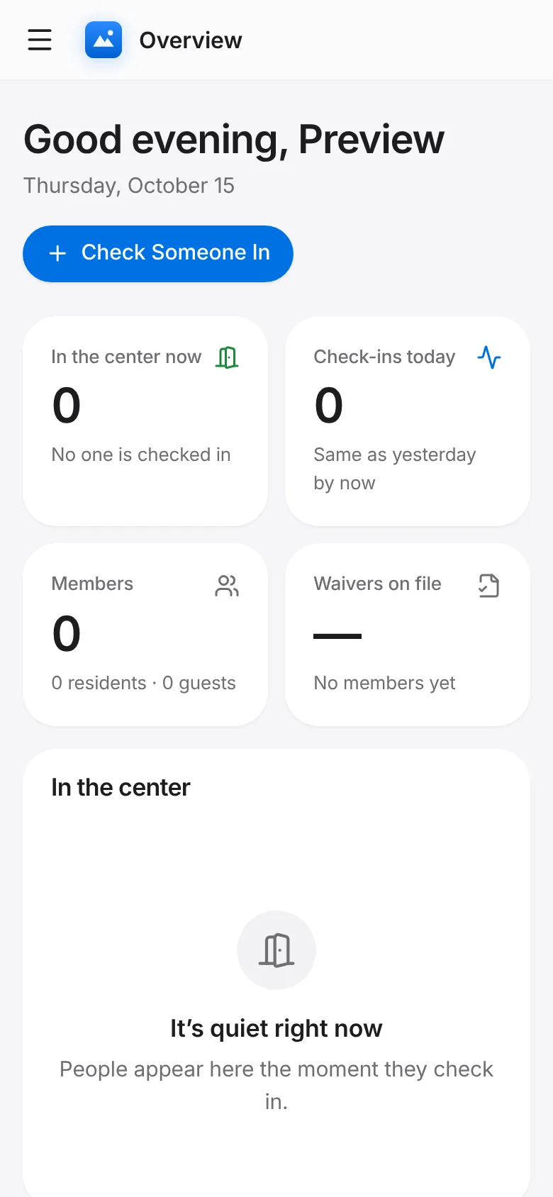 CoreFitness: Overview shows how many people are in the center now, today’s check-ins against yesterday, members and waivers.