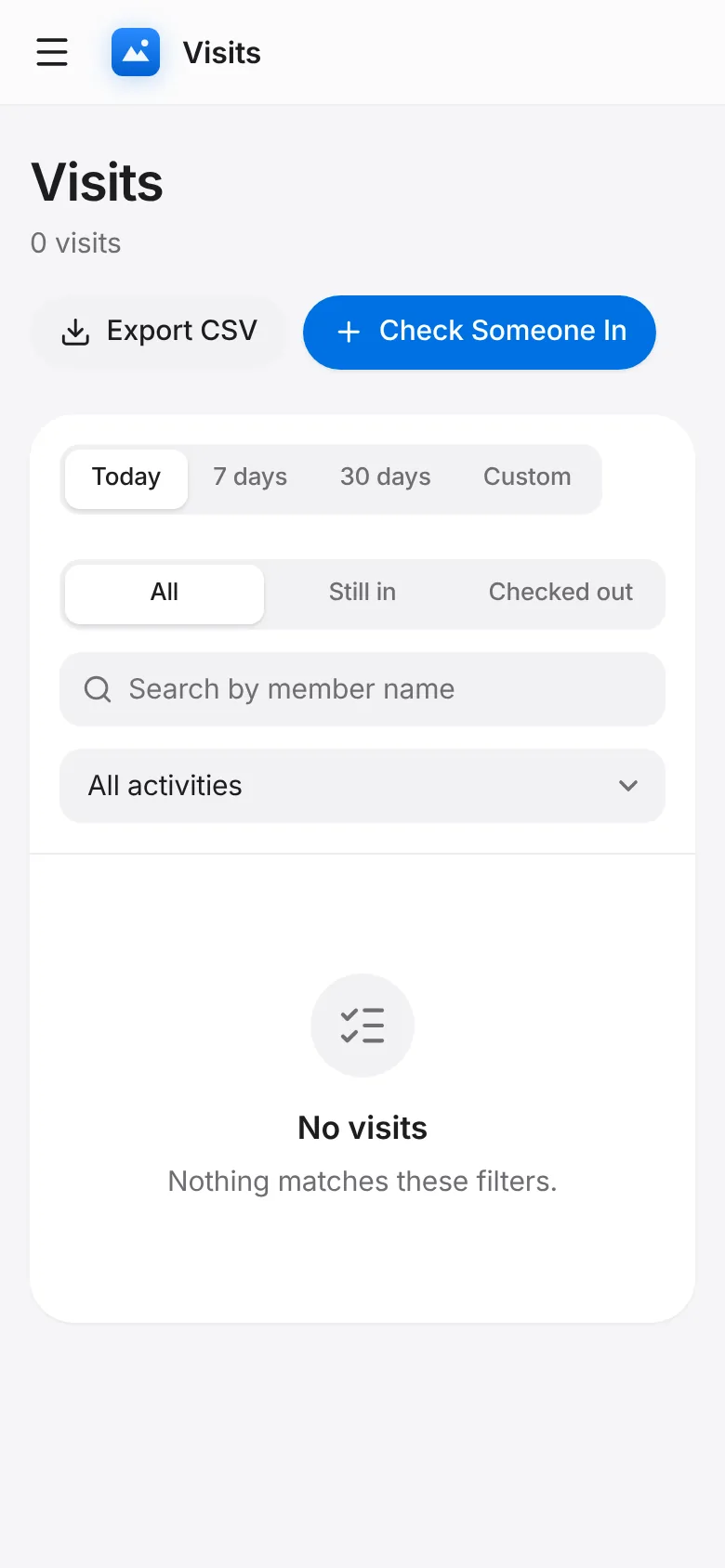 CoreFitness: Tap Visits → Check Someone In.