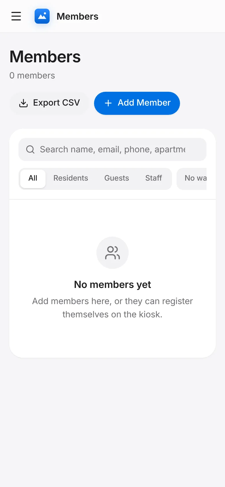 CoreFitness: Members: find a person, see their pass, waiver and visit history, or add someone who can’t use the kiosk.