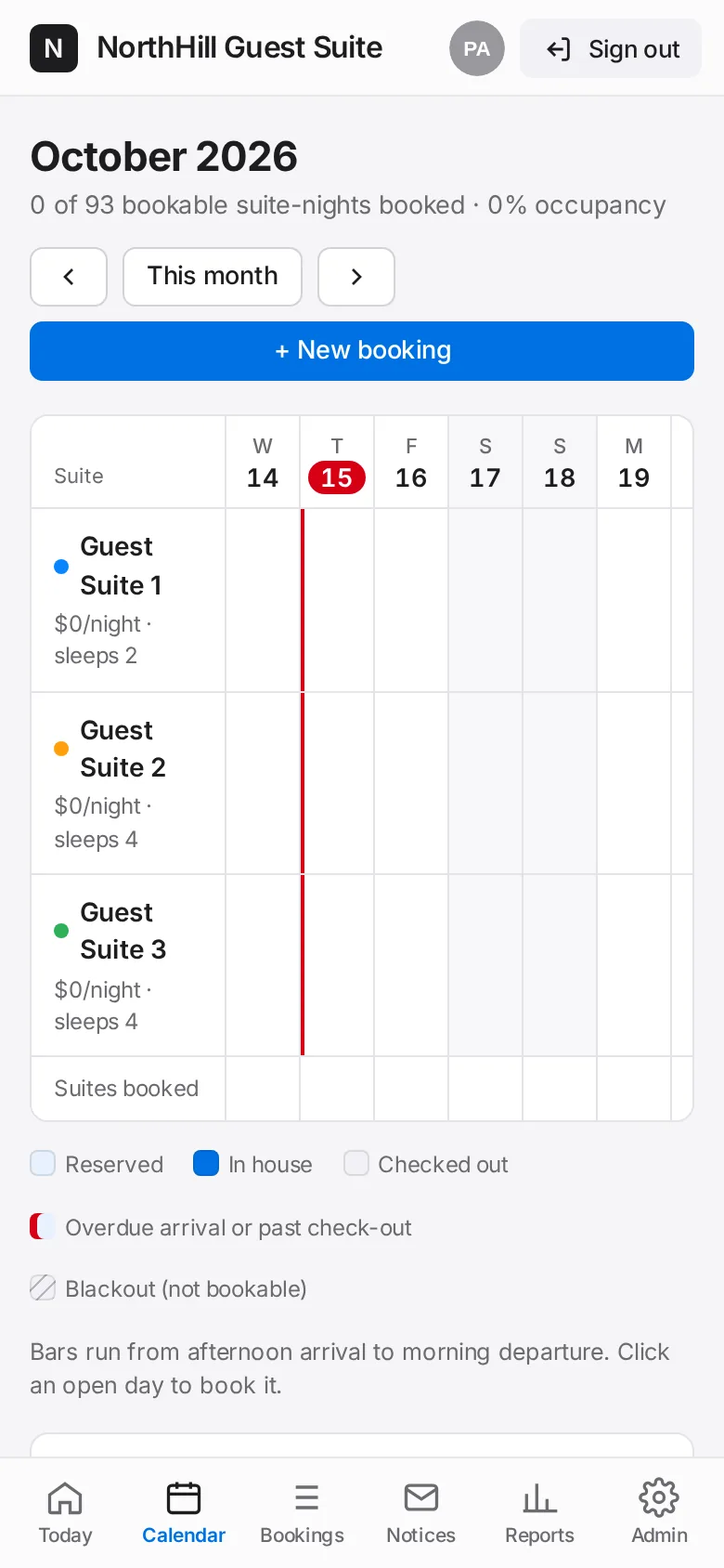 Guest Suite: Tap Calendar. Each row is a suite, each column a night. Use the arrows to move between months.