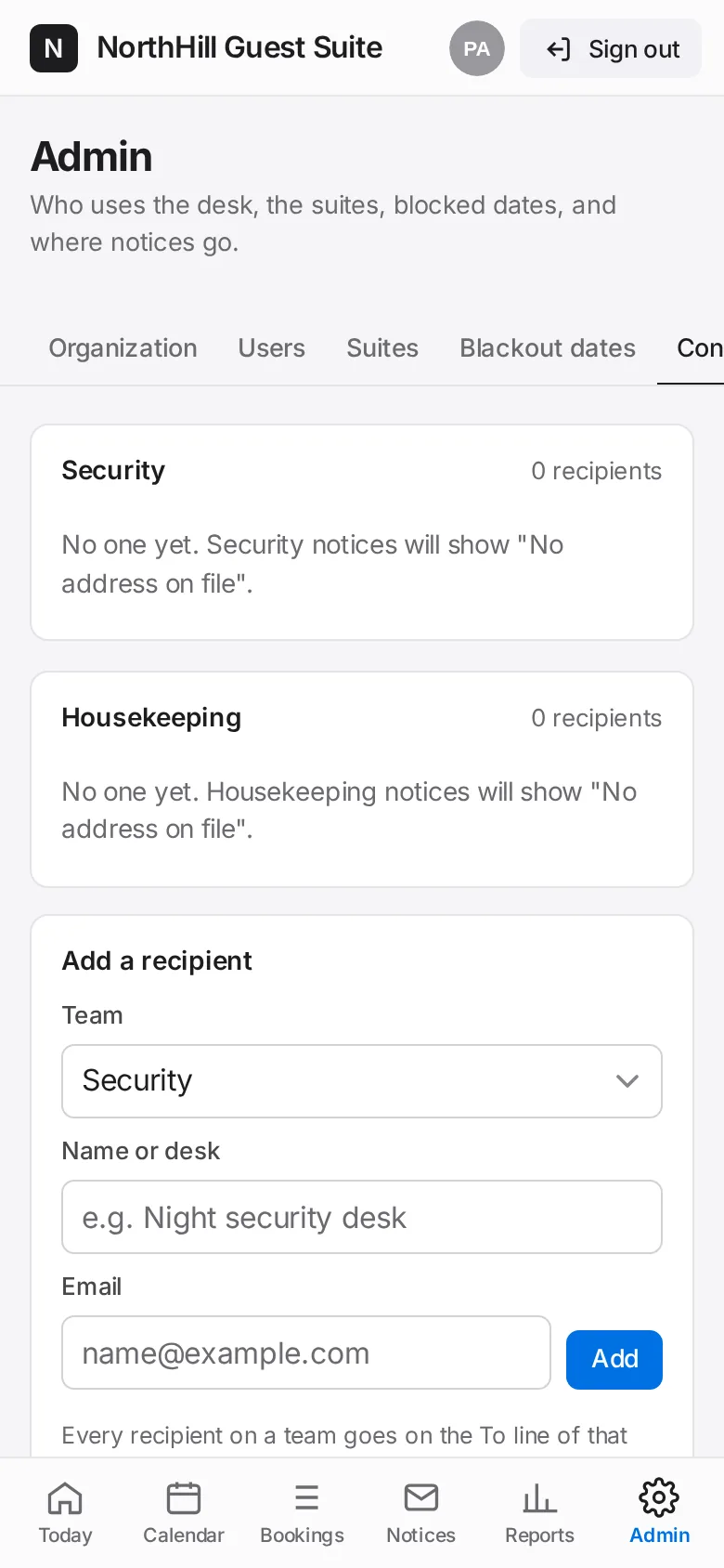 Guest Suite: Tap Contacts and add the Security and Housekeeping mailboxes. These addresses receive every staff notice.