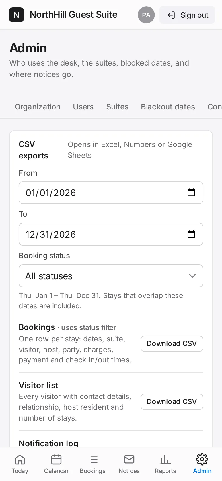 Guest Suite: Tap Admin → Data & backups.