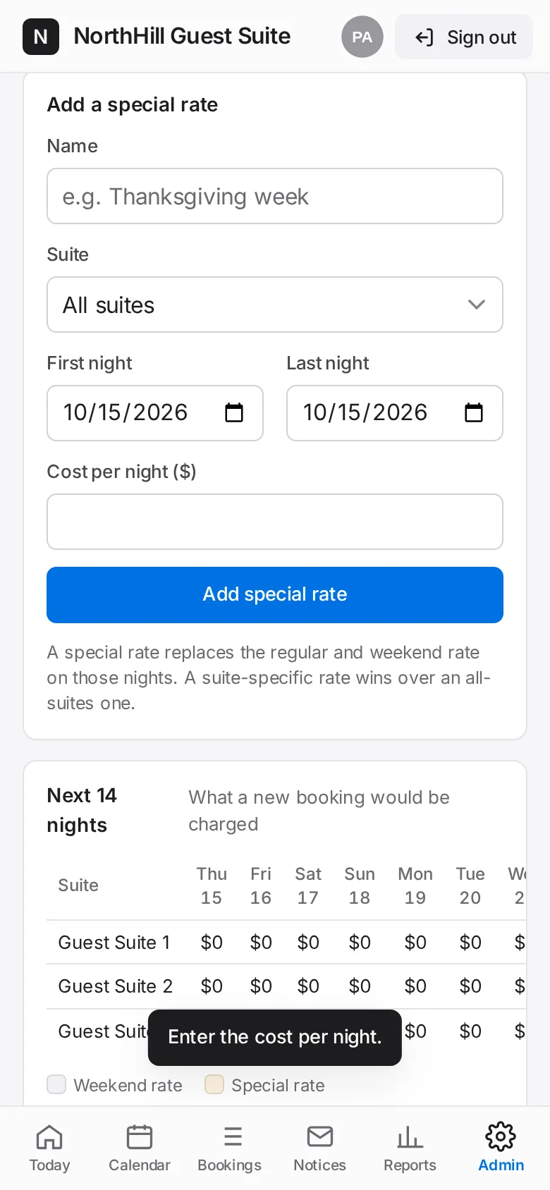 Guest Suite: Tap Admin → Suites and scroll to Special rates.