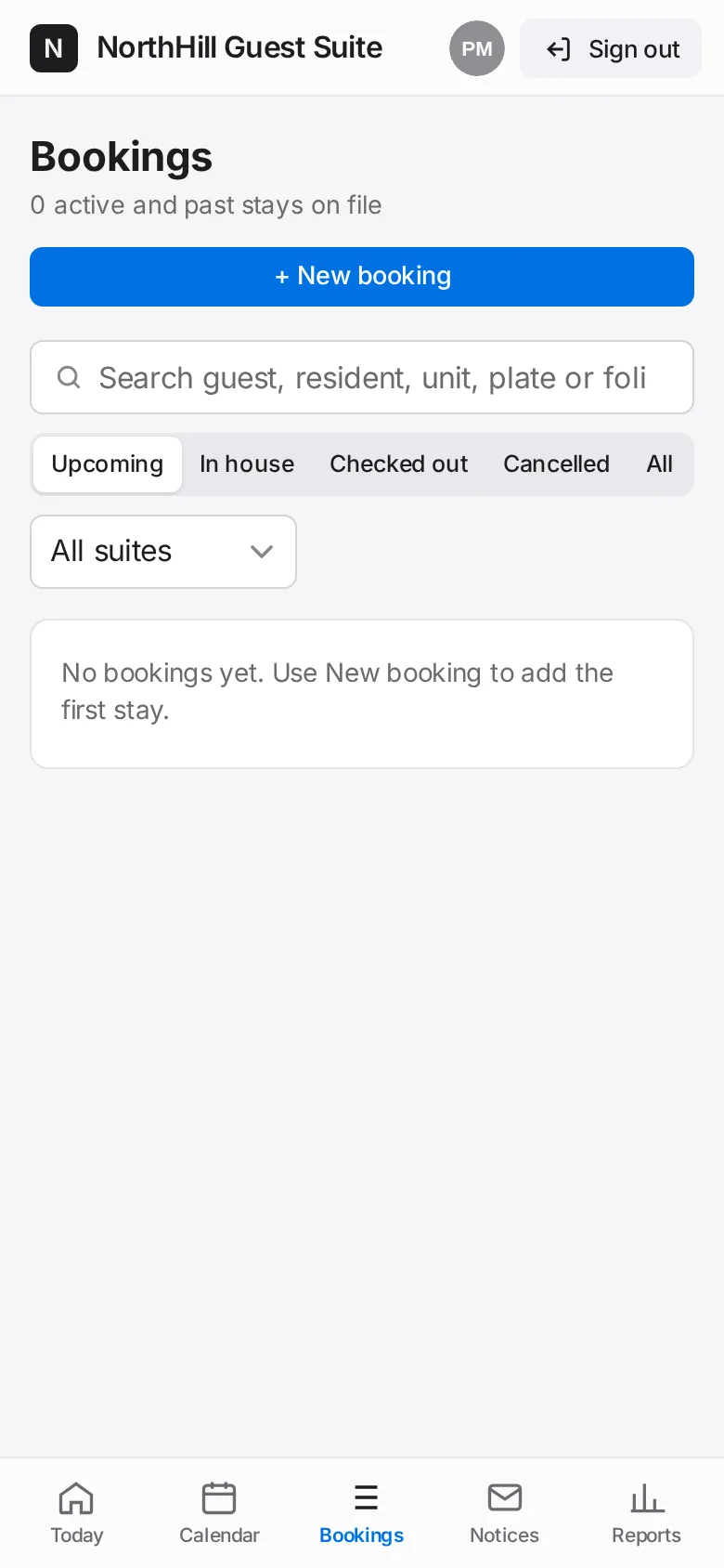 Guest Suite: Use Bookings to find any stay and open its details: check in, check out, mark paid, edit or cancel.
