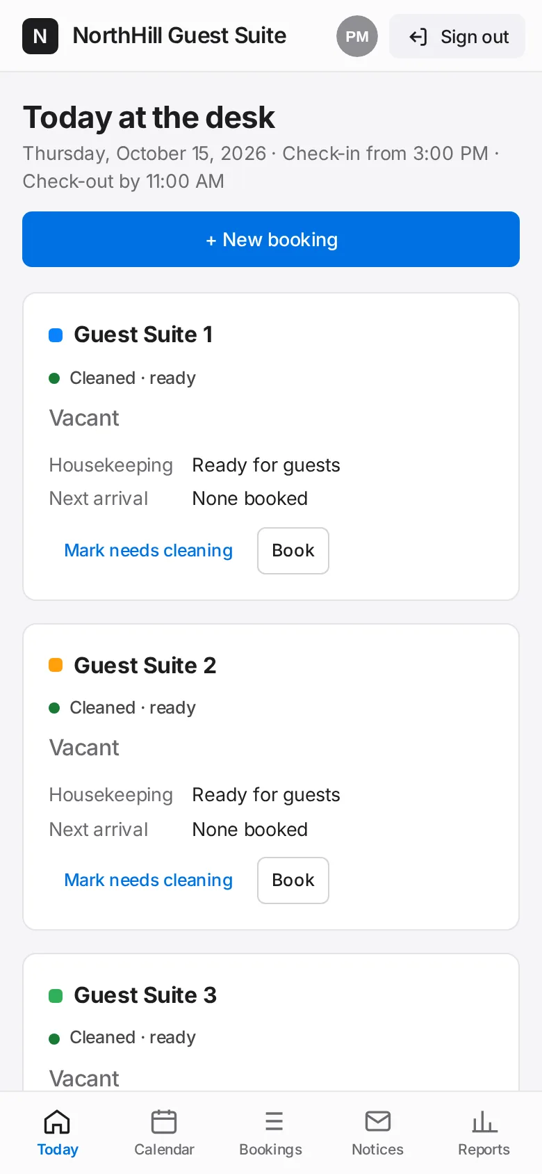 Guest Suite: Sign in. Today shows each suite, who is arriving and leaving, who is in house and which notices still need sending.