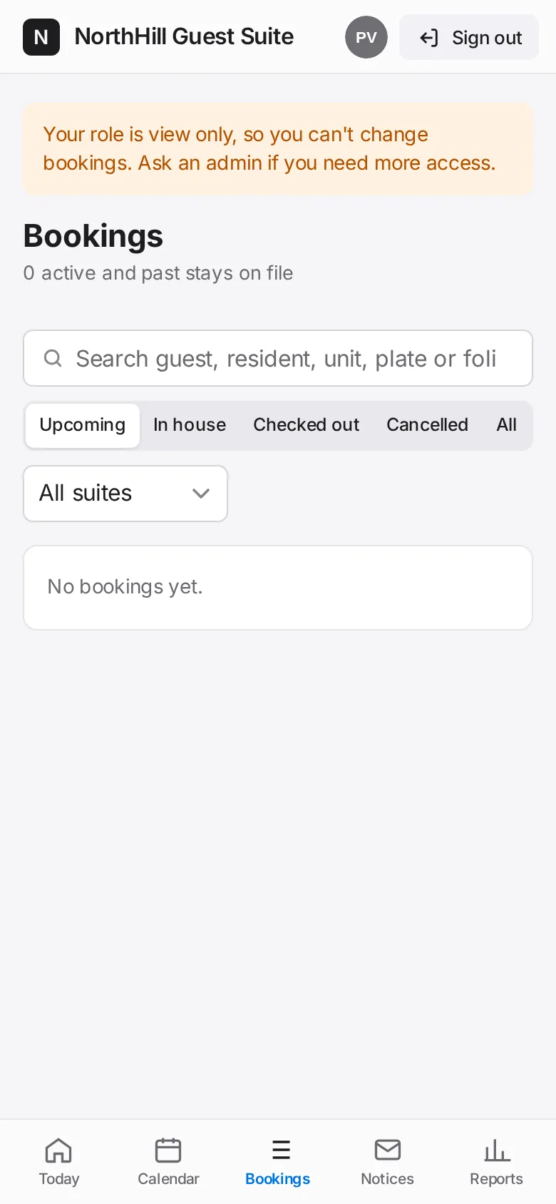 Guest Suite: Bookings lists every stay. Open one to read the details.