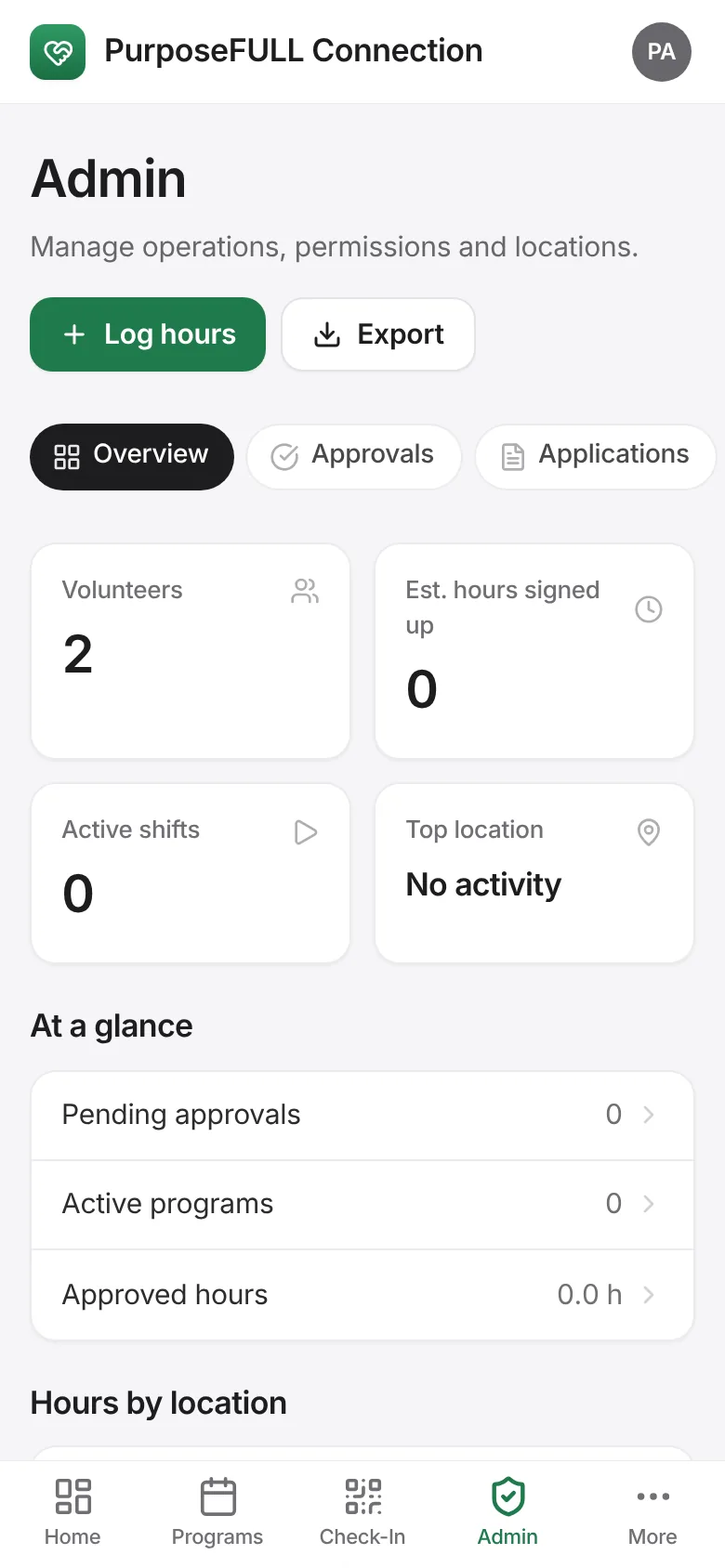 PurposeFULL Connection: Tap Admin → Overview → Log hours.