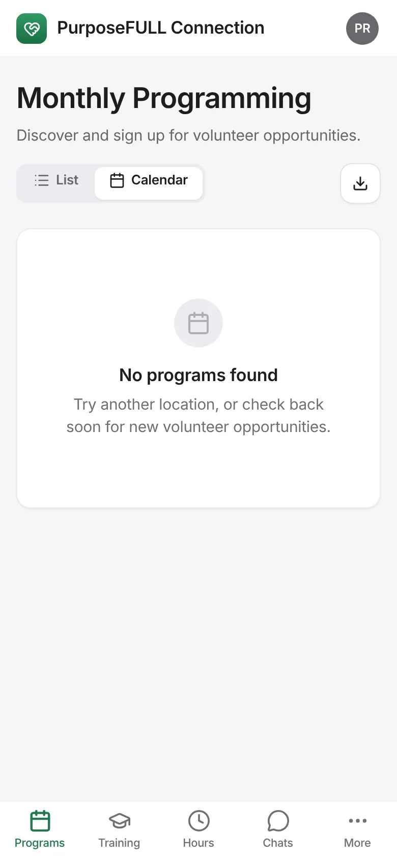 PurposeFULL Connection: Calendar shows them by month; Schedule shows your own commitments. Filter by location with the pills at the top.